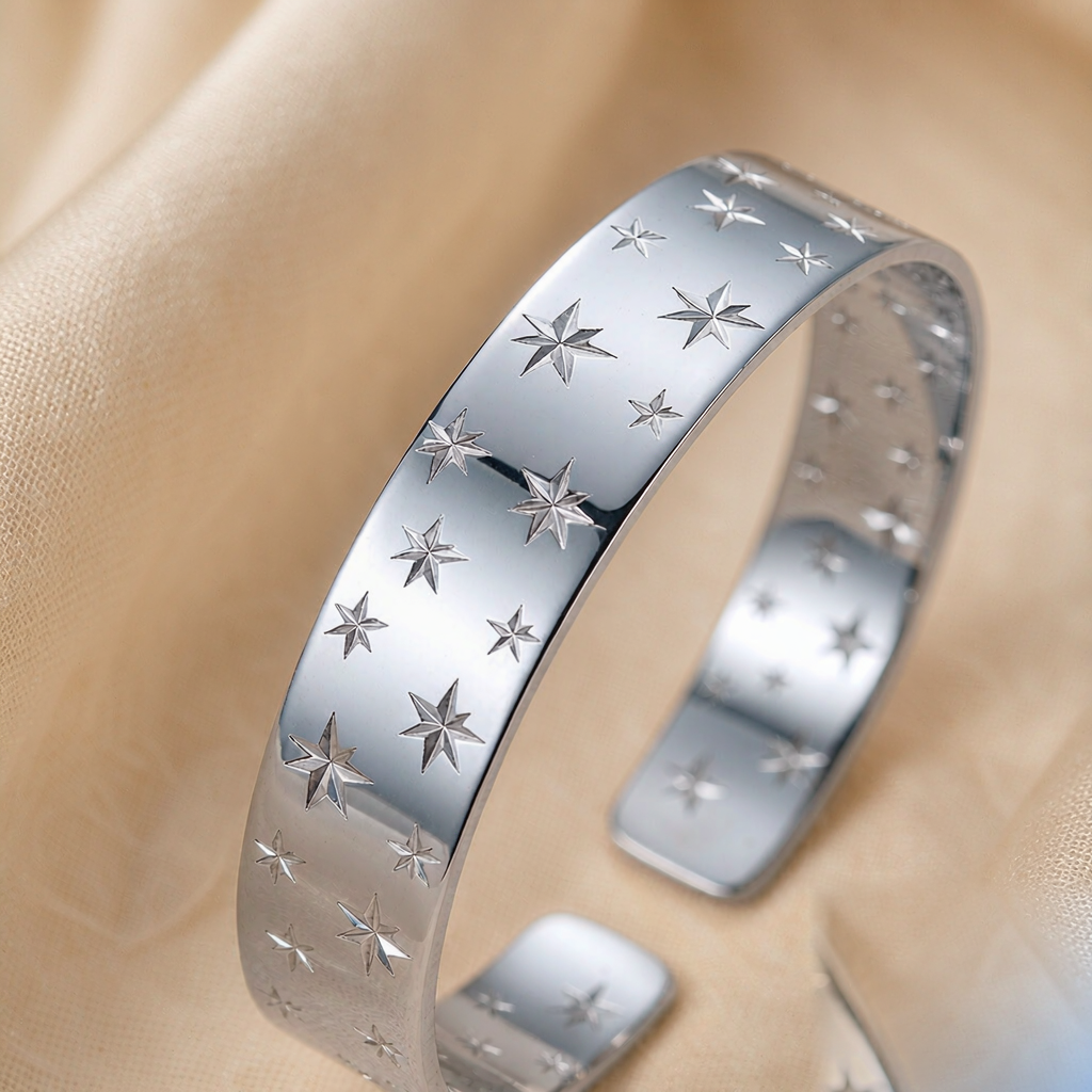 Aurora Star Cuff Bracelet — Silver — macro view
