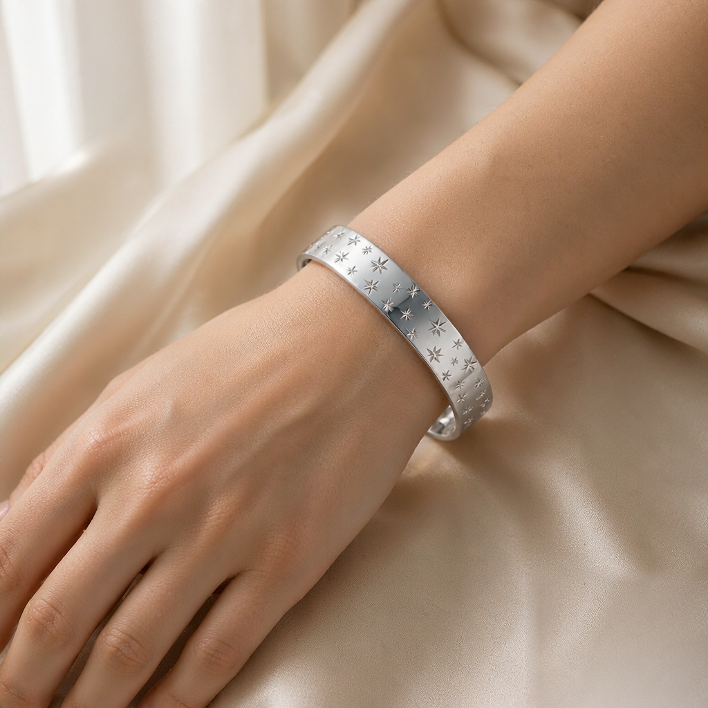 Aurora Star Cuff Bracelet — Silver — worn view