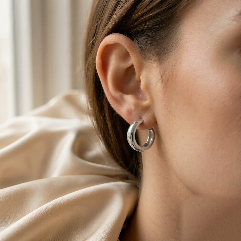 Crescent Hoop Earrings — Silver — worn view