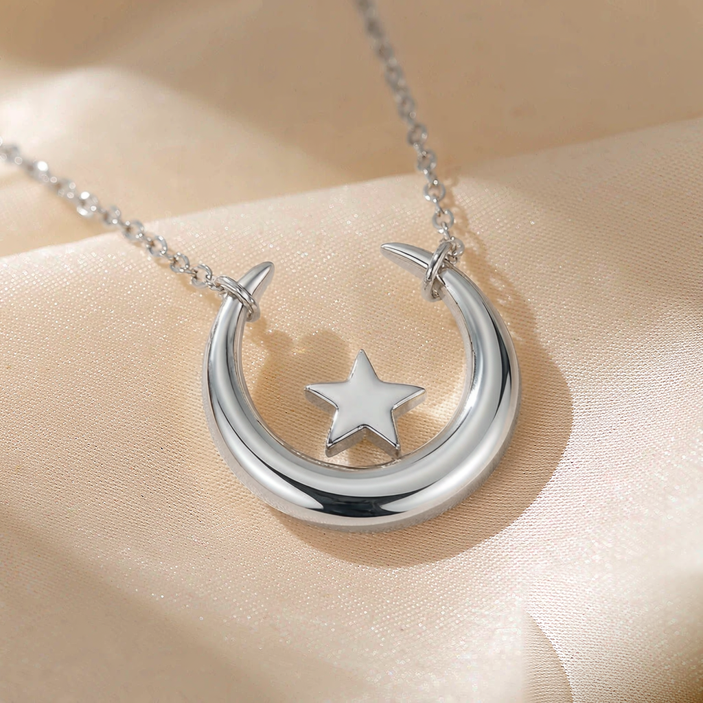 Lunar Phase Pendant Necklace — Silver — macro view