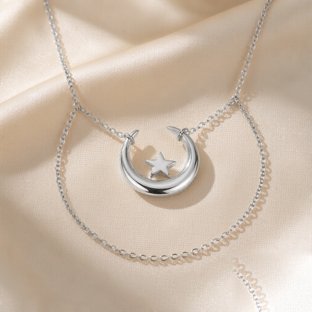 Lunar Phase Pendant Necklace — Silver — studio view