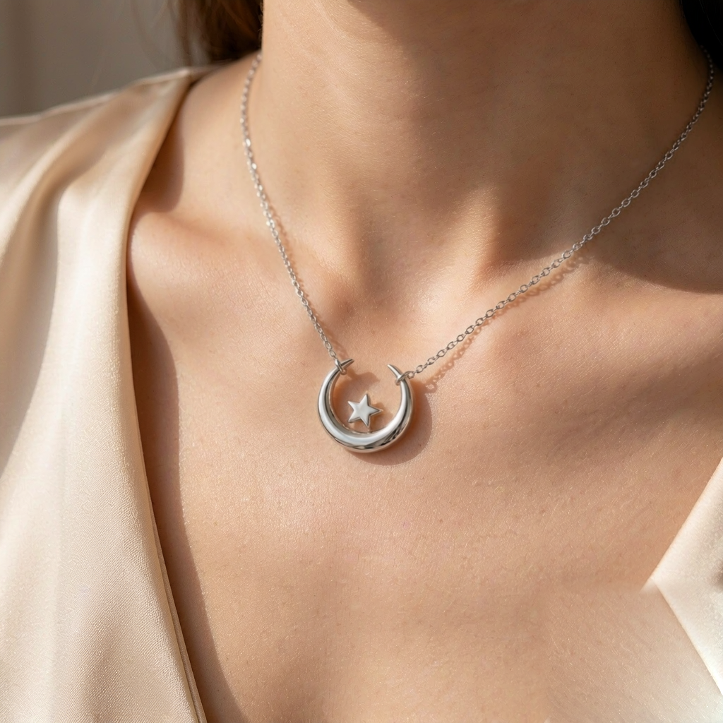 Lunar Phase Pendant Necklace — Silver — worn view