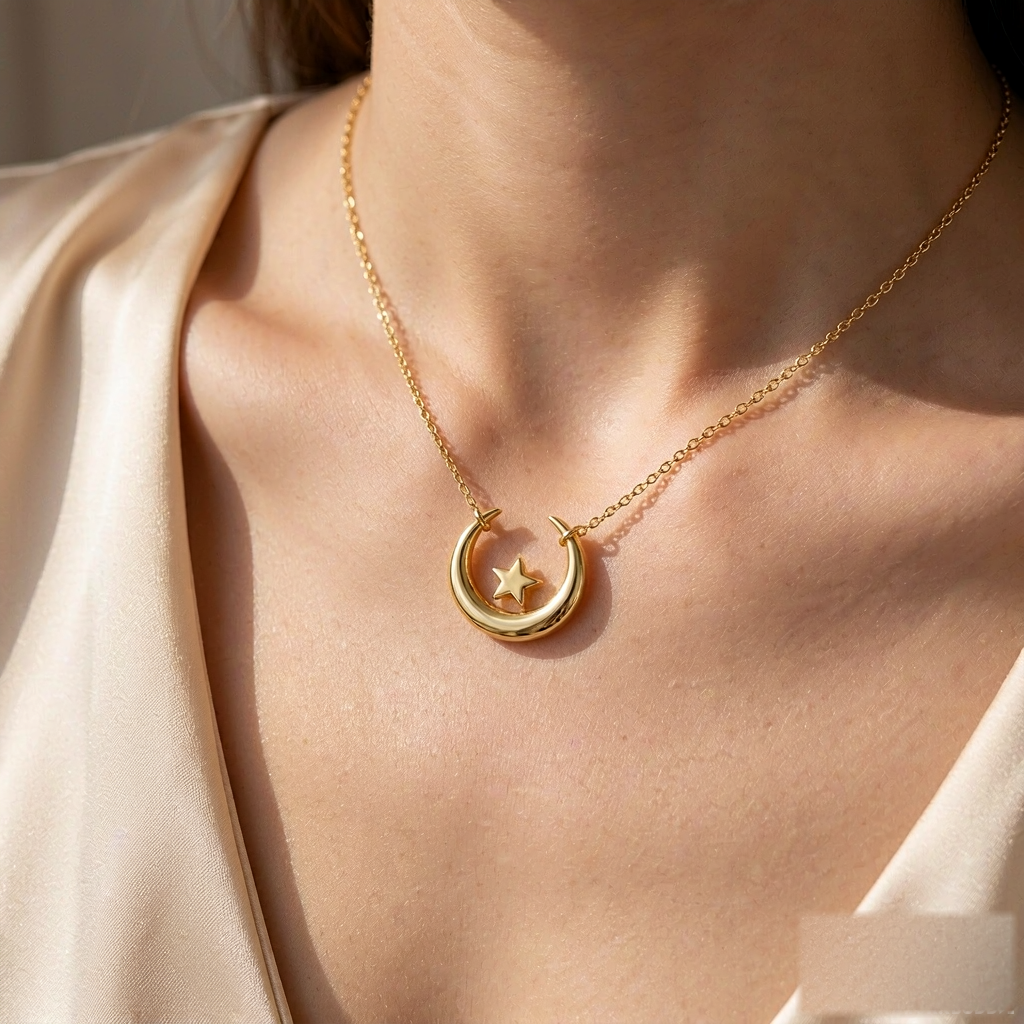 VARYNOXA Lunar Phase Pendant Necklace — worn view