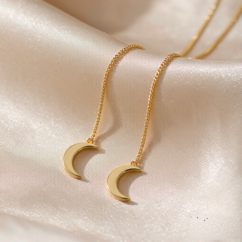 VARYNOXA Moon Drop Threader Earrings — macro view