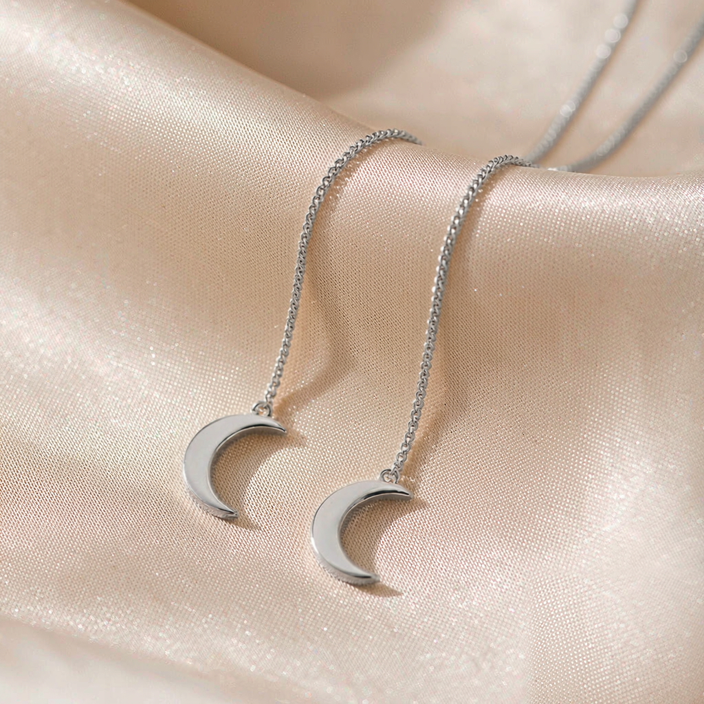 Moon Drop Threader Earrings — Silver — macro view