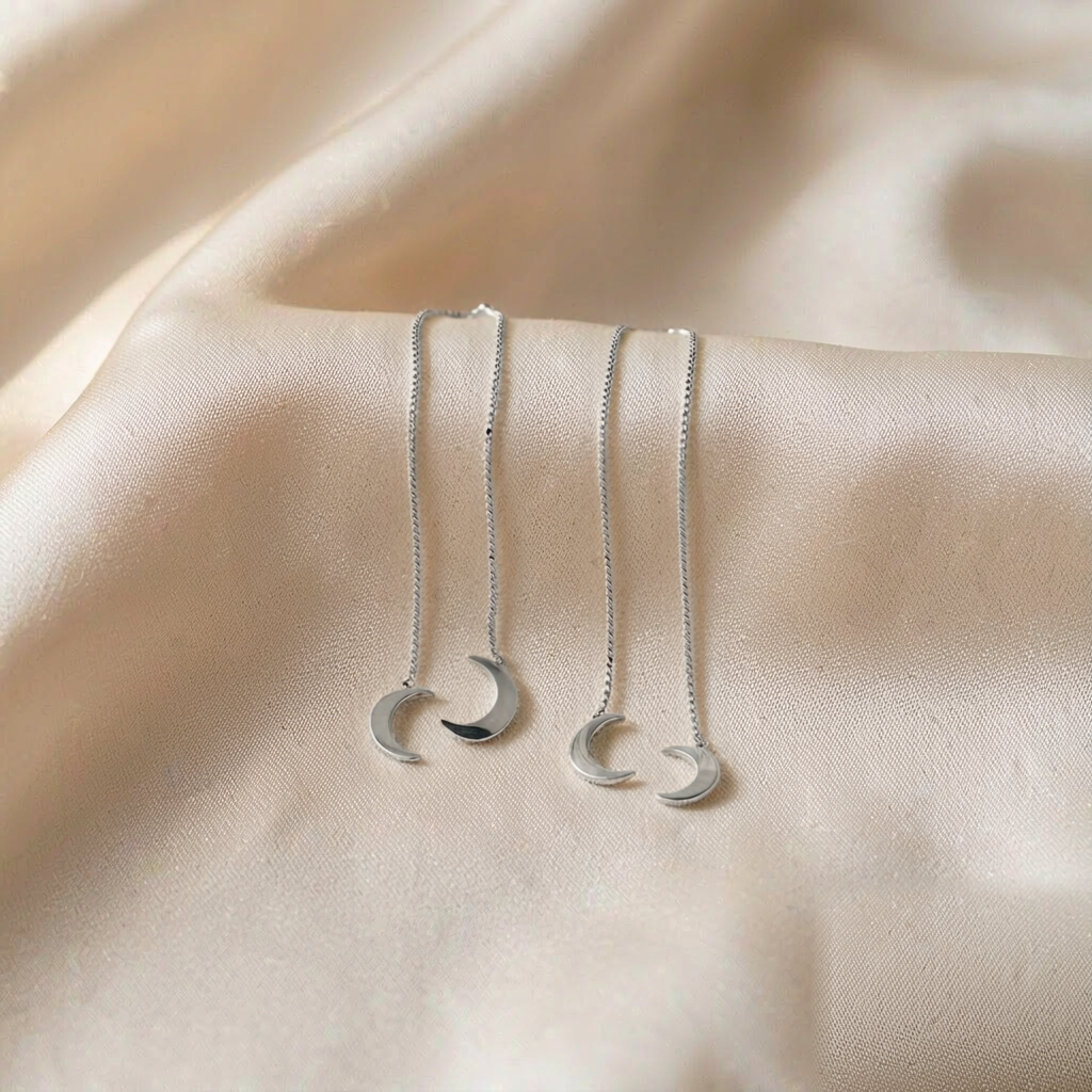 Moon Drop Threader Earrings — Silver — studio view