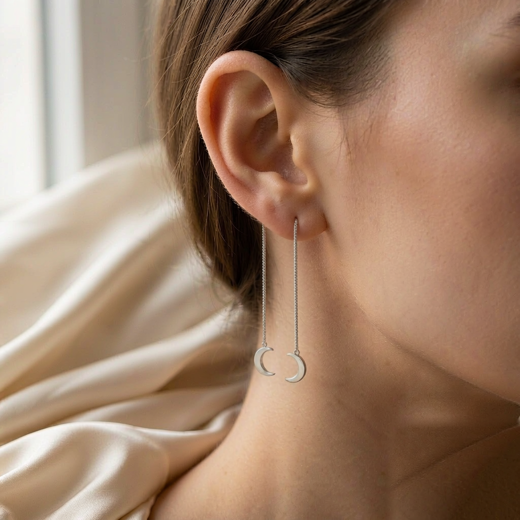 Moon Drop Threader Earrings — Silver — worn view