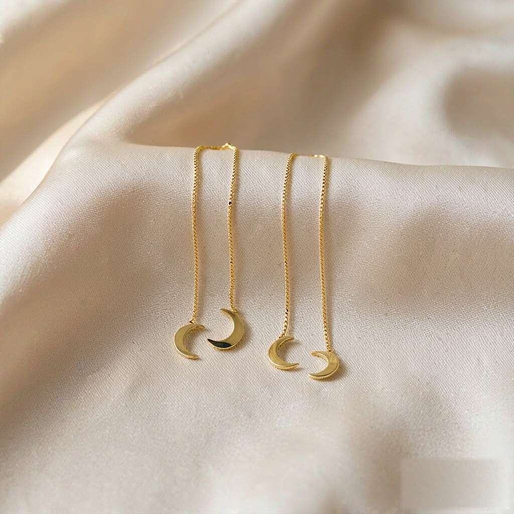 VARYNOXA Moon Drop Threader Earrings — studio view