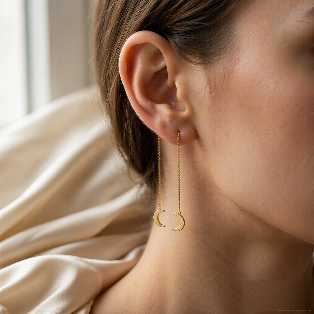VARYNOXA Moon Drop Threader Earrings — worn view