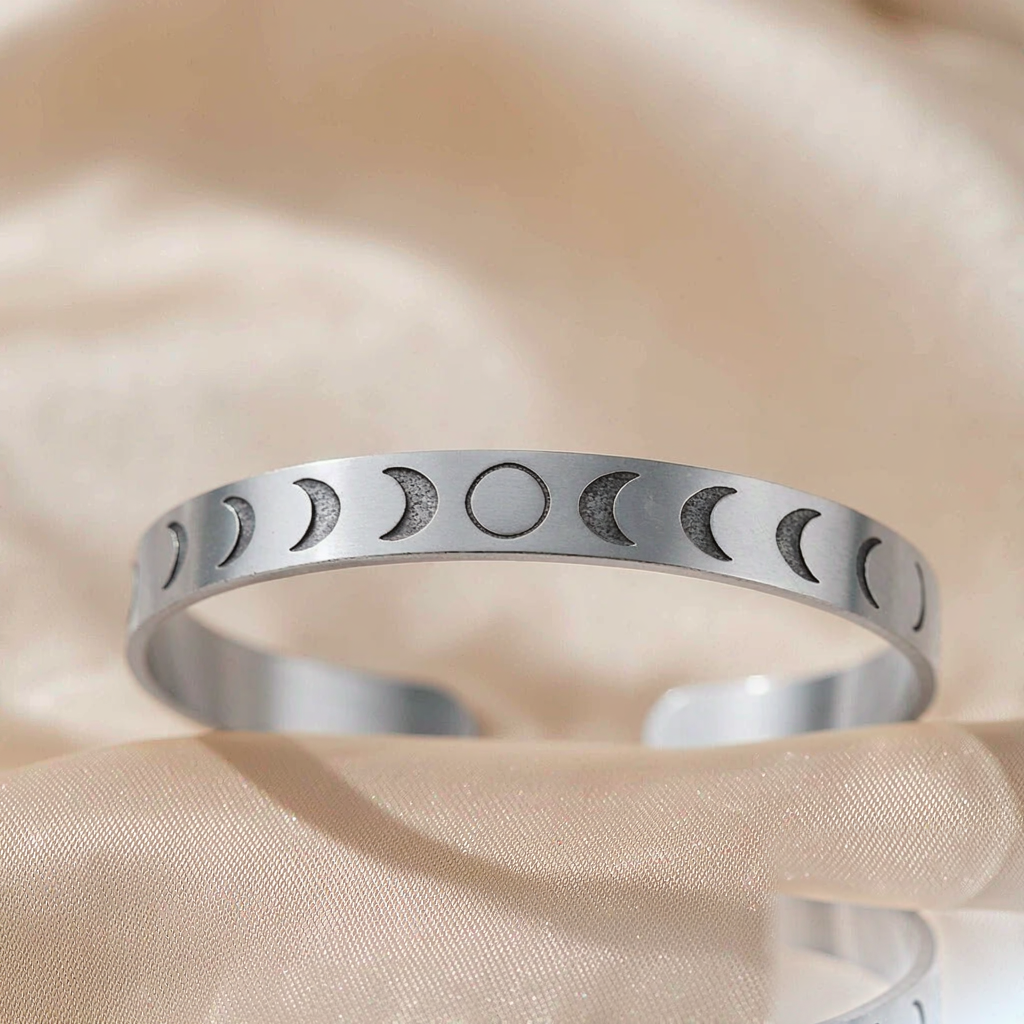 Moon Phase Cuff Bracelet — Silver — macro view