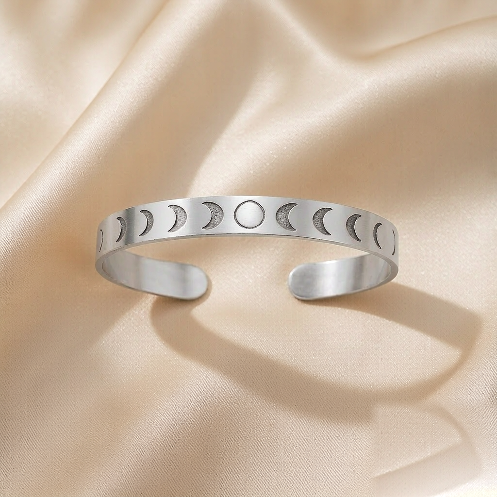 Moon Phase Cuff Bracelet — Silver — studio view