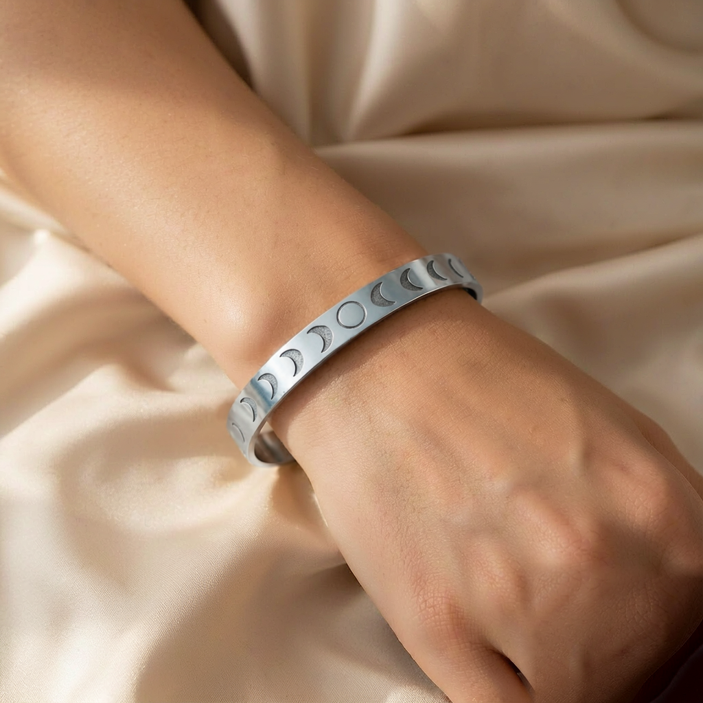 Moon Phase Cuff Bracelet — Silver — worn view