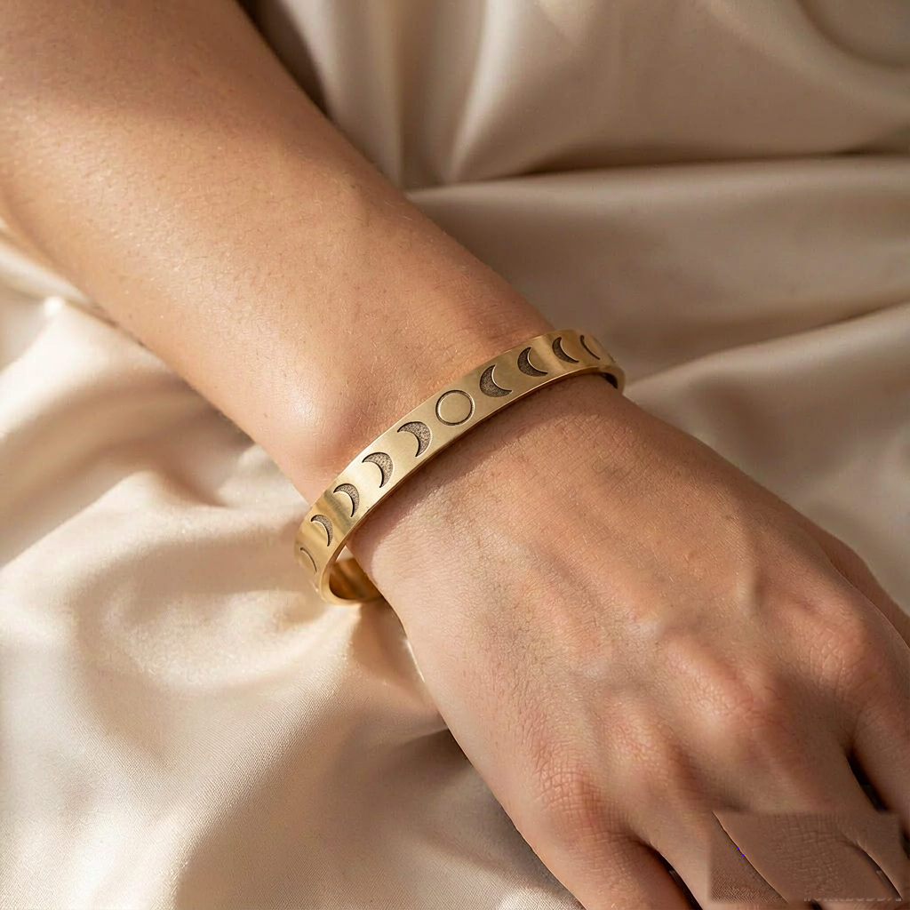 VARYNOXA Moon Phase Cuff Bracelet — worn view