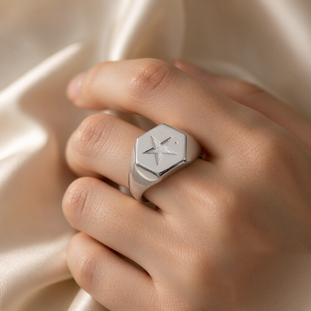 North Star Signet Ring — Silver — worn view