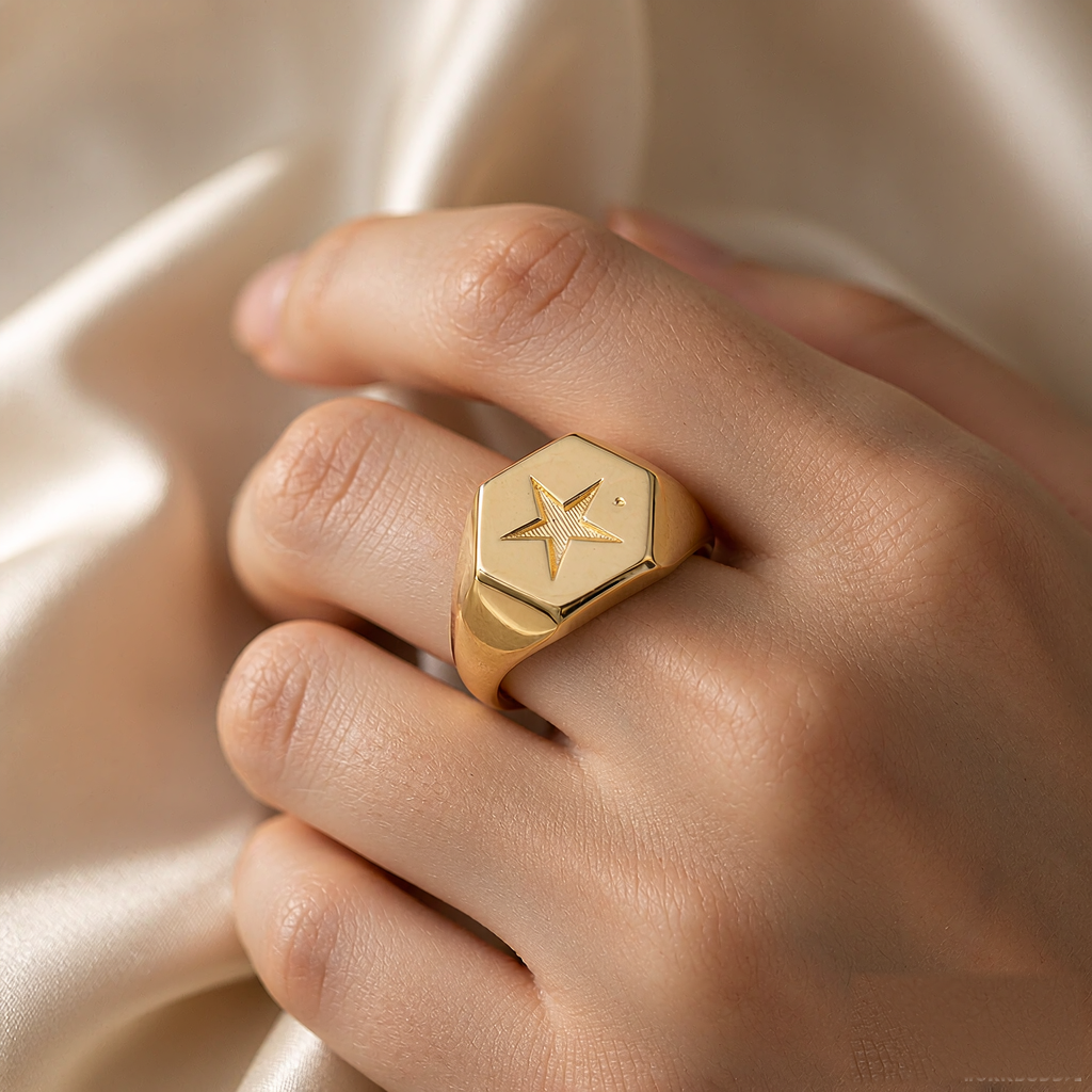 VARYNOXA North Star Signet Ring — worn view