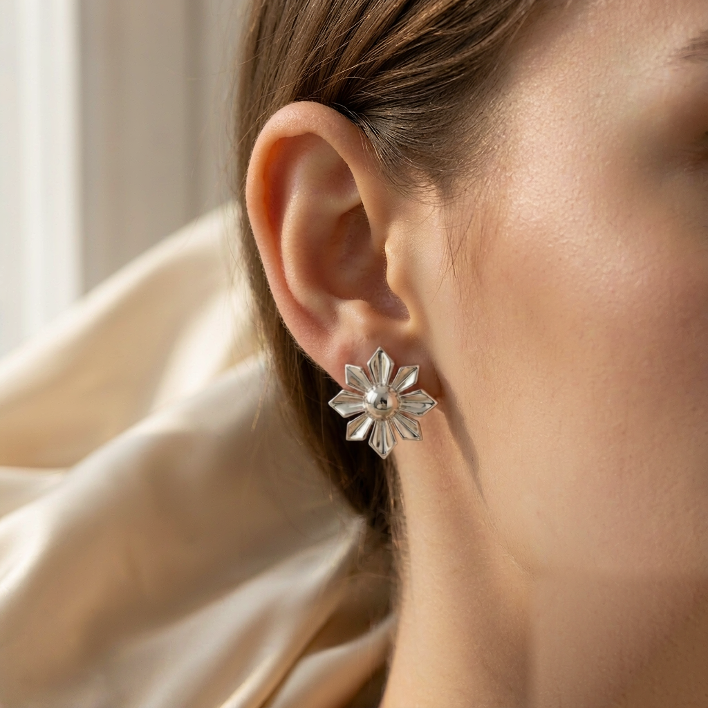Nova Stud Earrings — Silver — worn view