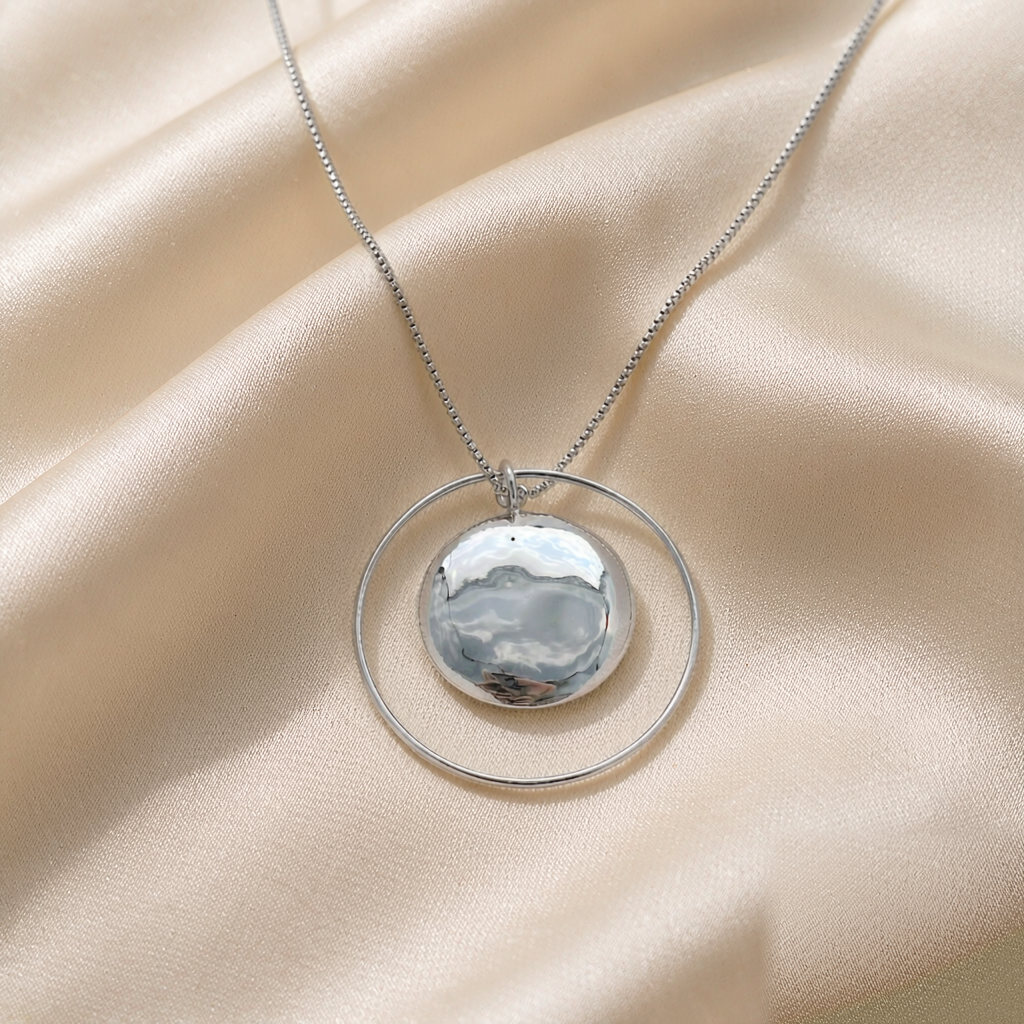 Orbit Satellite Pendant Necklace — Silver — studio view
