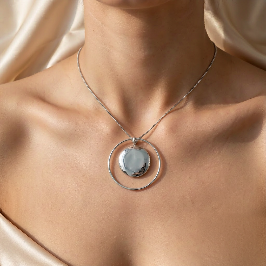 Orbit Satellite Pendant Necklace — Silver — worn view