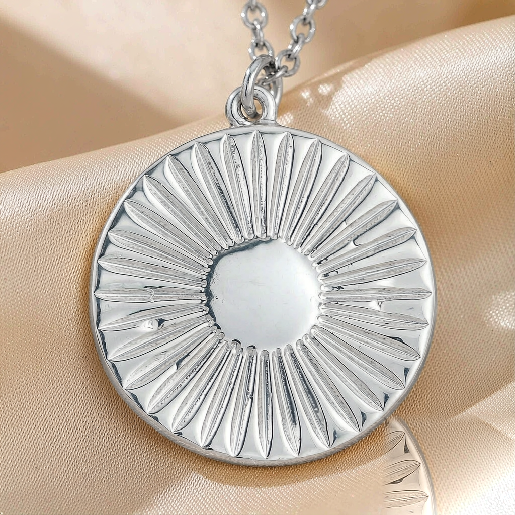 Solstice Sun Pendant Necklace — Silver — macro view