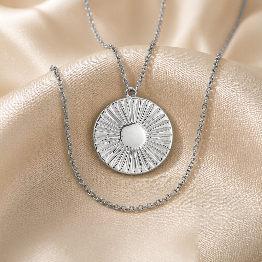 Solstice Sun Pendant Necklace — Silver — studio view