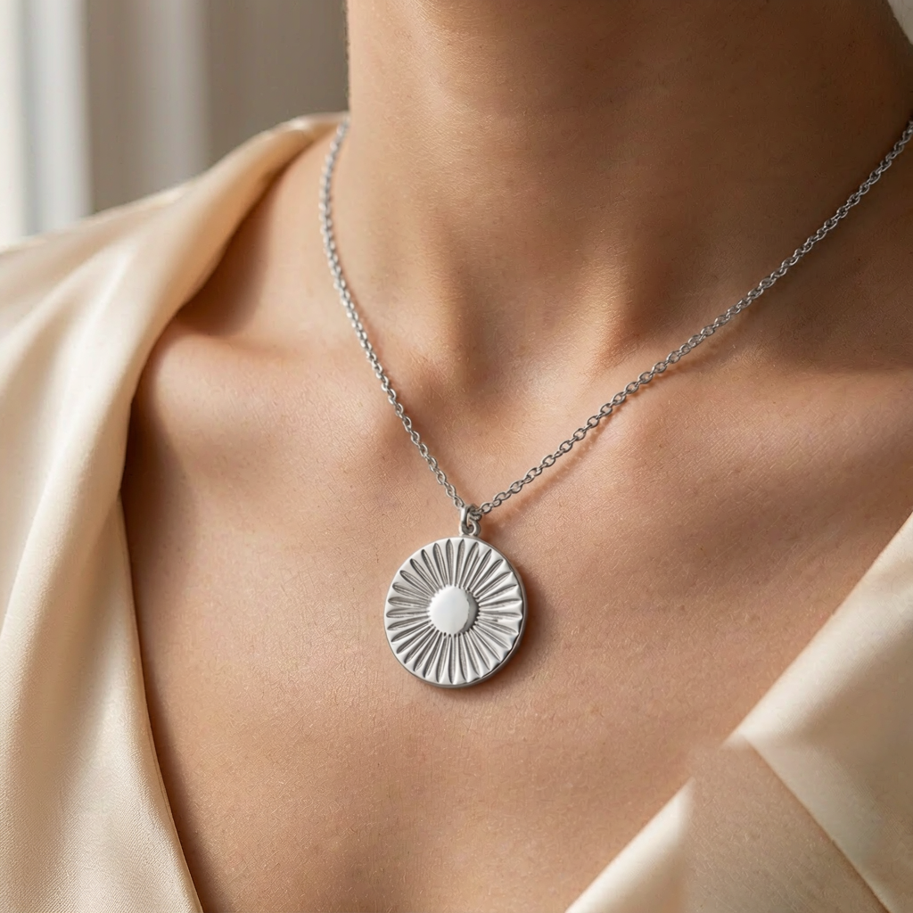Solstice Sun Pendant Necklace — Silver — worn view
