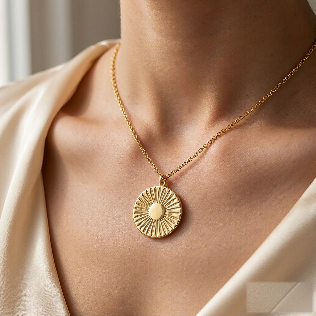 VARYNOXA Solstice Sun Pendant Necklace — worn view