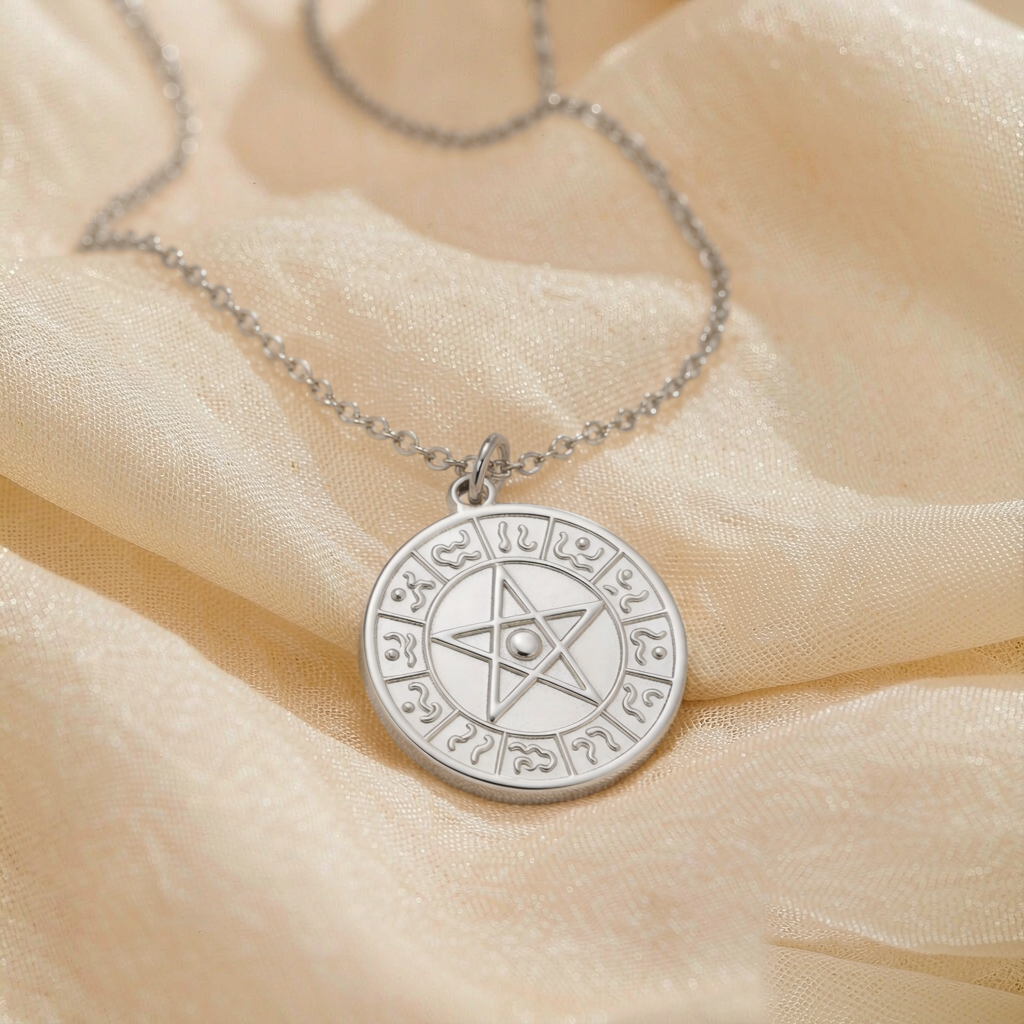 Zodiac Medallion Necklace — Silver — studio view