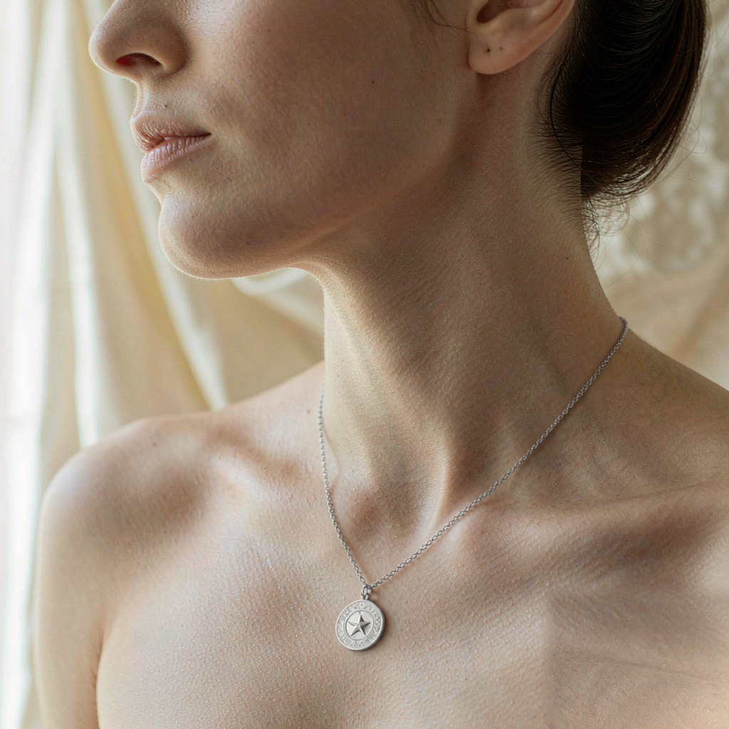 Zodiac Medallion Necklace — Silver — worn view